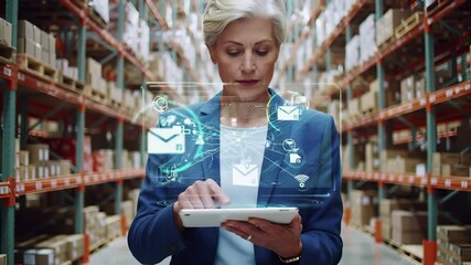 Professional businesswoman using digital tablet in modern warehouse with holographic technology interface. Supply chain management, logistics automation and inventory tracking systems concept. - Powered by Adobe