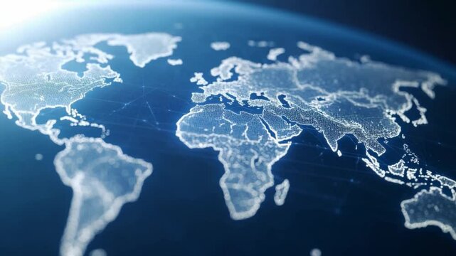 Global Connectivity: A stunning, low-angle shot of the globe, where light lines illuminate the continents, symbolizing global networks and interconnectedness.