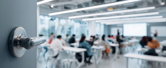 The door handle leading into a modern classroom filled with engaged students.