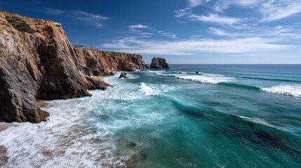 Naklejka premium Coastal scene of rugged cliffs and turquoise waves.