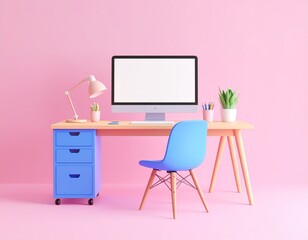 Pink room with a chair, a desk with a computer and a chair on it, take control of your data, desktop
