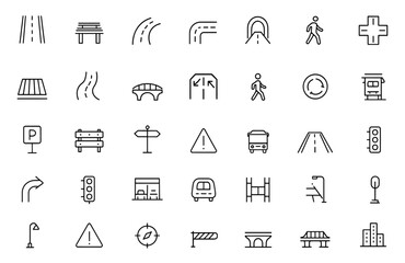 Road infrastructure editable line icon set, vector illustration, editable stroke, transportation, construction, highway, city planning, engineering, architecture, urban development, design