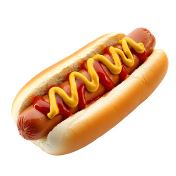 Delicious hot dog with ketchup and mustard in a soft bun isolated on transparent background