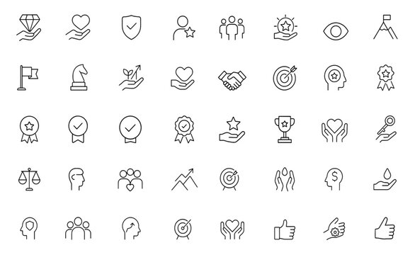 Values editable line icon set, vector illustration, editable stroke, business ethics, principles, integrity, leadership, teamwork, motivation, success, strategy, growth, concept, symbol