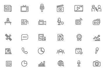 Mass Media line editable icon set, journalism, news, TV program, interview, report, video, broadcasting, communication, media production, press, editorial, vector illustration.