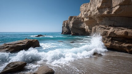 Foamy waves crash against a rocky shoreline.