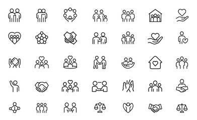 Community editable line icon set, social network, people group, friendship bonds, diversity unity, teamwork collaboration, solidarity outreach, human connections, vector illustration.