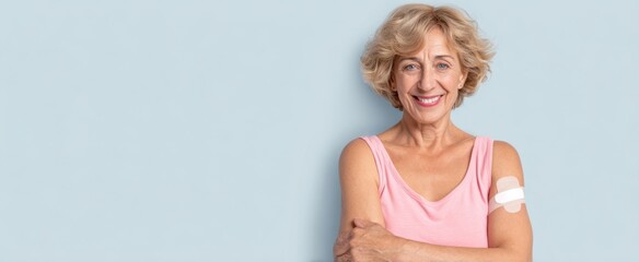 The happy woman displaying her vaccination bandage with a smile.