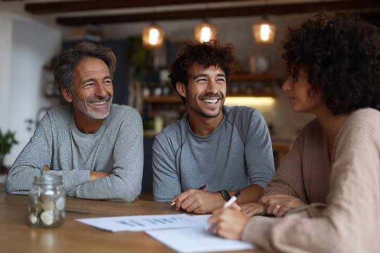 Diverse group of people discussing finances, reviewing graphs and charts, smiling at table with coins in jar - Powered by Adobe