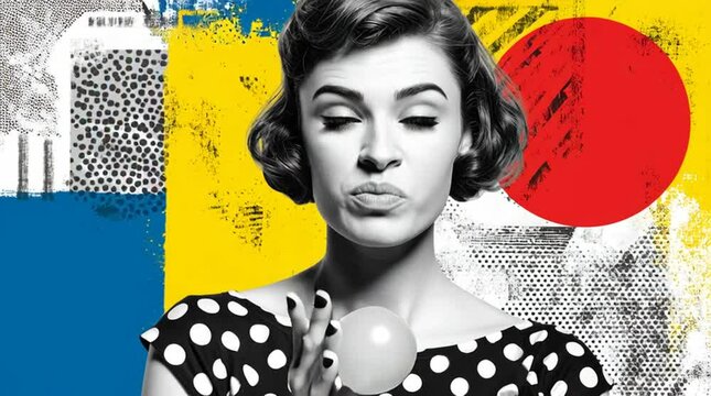 A pop art portrait of a woman blowing a bubblegum bubble, comic book halftone dots and bold color blocks