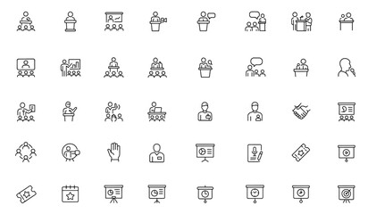 Conference icon set, seminar symbols, speaker podium, business event icons, audience interaction, keynote session, public speaking concept, vector illustration, presentation, workshop, meeting.