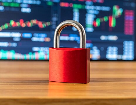 Red padlock on wooden desk, stock market background