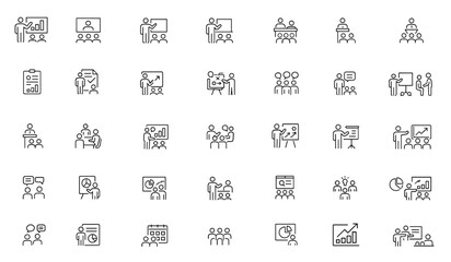 Business presentation line editable icon set, meeting, whiteboard, conference, seminar, business plan, teamwork, analytics, strategy, communication, corporate training, vector illustration.
