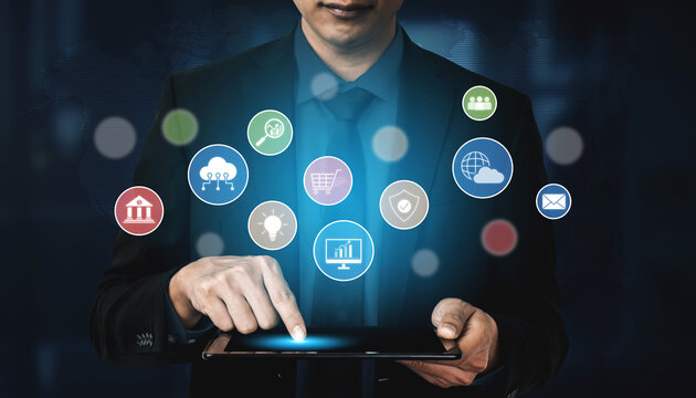 Set of business and digital service icons representing finance, cloud, analytics, email, communication, ecommerce, cybersecurity, and global connectivity in a modern ecosystem Vouch