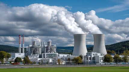 Fototapeta premium A nuclear power plant is nestled in vibrant green fields, with lush hills and a clear blue sky offering a serene backdrop