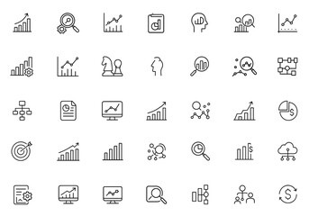 Business analytics line editable icon set, data analysis, examining chart, research planning, big data diagram, corporate strategy, financial insight, vector illustration, infographic, economy.