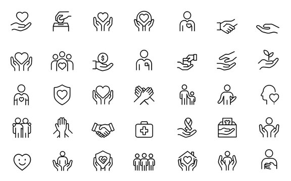 Charity and volunteering line editable icon set, community help, nonprofit support, humanitarian aid, donation, giving hand, vector illustration, volunteer symbols, outreach service.