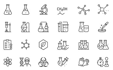Chemistry line editable icon set, laboratory flask, reaction tube, microscope, chemical formula, molecular structure, experiment, biotechnology research, science icons, vector illustration.