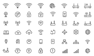 Wifi line editable icon set, wireless internet symbols, online and offline signal connection, hotspot and router, technology communication network, vector illustration, web, computer, connectivity.
