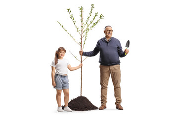 Grandfather and granddaughter planting a tree