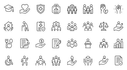 Social Policy icon set, line editable, education, welfare, health care, legislation, community services, reform, social welfare graphics, policy development vector illustration.