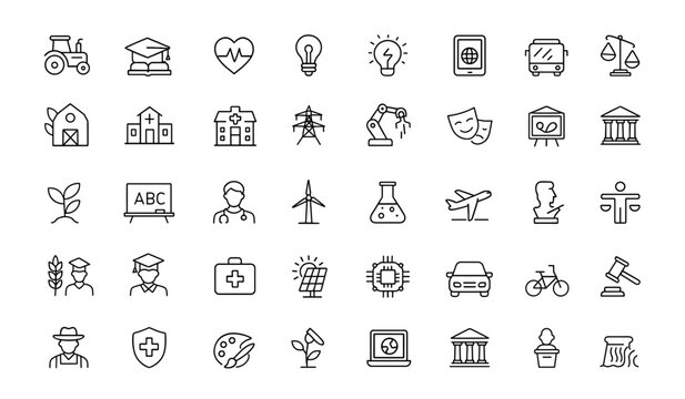 Agriculture, education, healthcare, energy, technology, transportation, arts, justice sector line editable icon set, social infrastructure vector illustration, transparent background.
