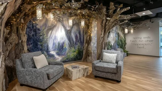 A gentle forest-inspired therapy room, with tree murals and hanging lights, where the therapist and client sit opposite each other, and leaves drift through the air, each inscribed