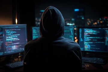 Hooded Figure Coding at Multiple Monitors in Dark Room with City Lights, Back View - Cyber Security and Data Breach Concept