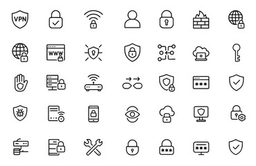 VPN cybersecurity icon set, editable line stroke icons for secure connection, privacy protection, encrypted proxy firewall network security, modern interface UI, vector illustration, cutout.