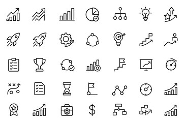 Editable line icon set for progress growth efficiency, milestone tracking UI elements, productivity dashboard symbols, vector illustration, corporate performance icons, png.