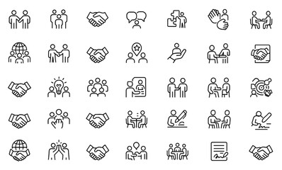 Partnership collaboration line icon set, editable stroke, vector illustration, corporate alliance, business network, team synergy, handshake concept, outline design, minimalist icons.