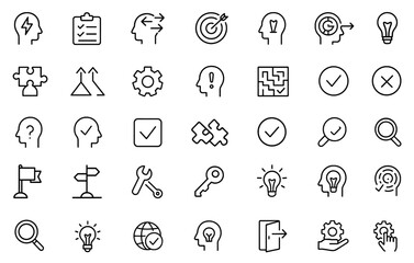 Editable line icon set for solution, problem solving, answer and alternative paths, issue resolution, maze and decisions UI vector illustration, workflow troubleshooting icon pack.