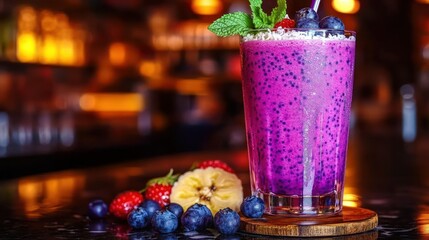 Vibrant purple smoothie with blueberries, raspberries, and banana. garnished with fresh mint