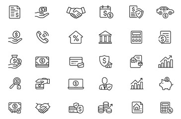 Loan and credit icon set, editable stroke vector illustration, mortgage, borrowing, finance, banking, money transfer, debt repayment, investment, tax, financial services icons, cutout.