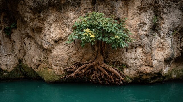 Resilience: A Tree's tenacious grip on life, rooted in stone beside tranquil teal waters.