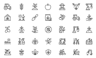 Agriculture line editable icon set, vector illustration, smart farming, precision agriculture, crop monitoring, drone spraying, greenhouse management, farm robotics, biotech applications. © aura studio