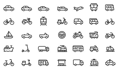 Vehicle transportation editable line icon set, car, bus, train, plane, bike, scooter, motorbike, bicycle, truck, tram, ship, helicopter, mobility network symbols, vector illustration.