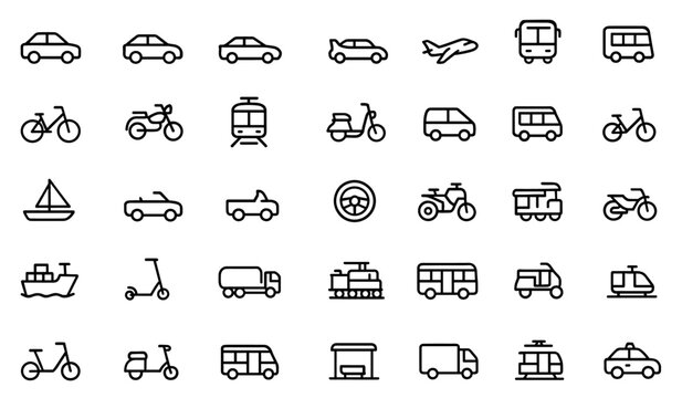 Vehicle transportation editable line icon set, car, bus, train, plane, bike, scooter, motorbike, bicycle, truck, tram, ship, helicopter, mobility network symbols, vector illustration.