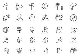 Guidance line editable icon set, editable stroke vector illustration, arrow direction, compass navigation, signpost symbol, map marker, decision support, navigation interface icons.