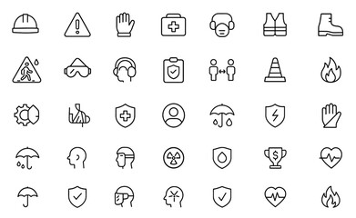 Protection and safety icon set, helmet mask glove caution hazard signage, industrial safety symbols, occupational health pictograms, line editable vector illustration.