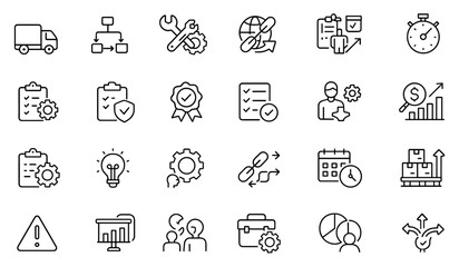 Operation Management Icon Set Editable Line Icons for Logistics, Supply Chain, Maintenance Planning, Process Improvement, Workflow Optimization, Business Toolkit Vector Illustration.