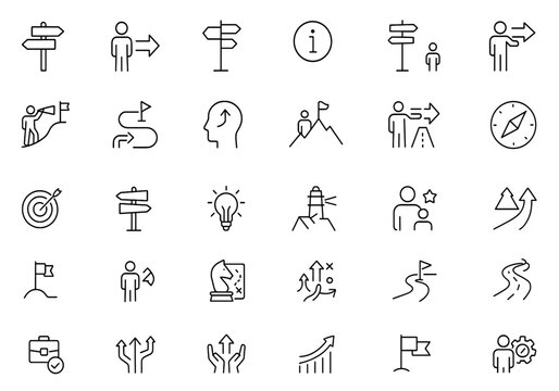 Guidance line editable icon set, editable stroke vector illustration, arrow direction, compass navigation, signpost symbol, map marker, decision support, navigation interface icons.
