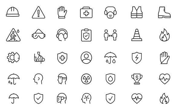 Protection and safety icon set, helmet mask glove caution hazard signage, industrial safety symbols, occupational health pictograms, line editable vector illustration.