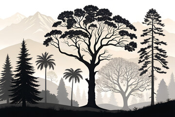 winter forest landscape , set of trees vector, set of trees silhouettes, Tree Silhouettes Collection: Elegant Vector Trees for Logo & Poster Design