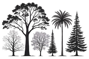 set of trees silhouettes, Tree Silhouettes Collection: Elegant Vector Trees for Logo & Poster Design