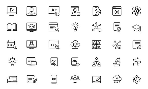 Education technology line editable icon set, e-learning tools, online courses, virtual classroom, interactive modules, instructional symbols, STEM icons, learning hubs, vector illustration.