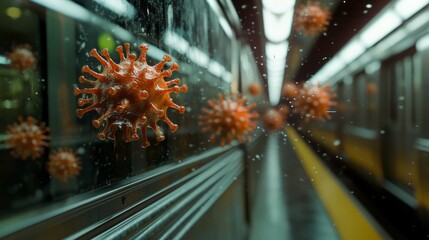 Microscopic View Revealing Norovirus Particles Amidst a Bustling Subway Environment