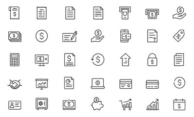 Editable Line Icon Set for Bill Payment, Receipt, Invoice, ATM, Cash Management, Expense Tracking, Wallet, Banking, Transaction Monitoring, Accounting, Money Transfer, Vector illustration.