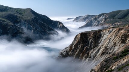 Fototapeta premium Coastal cliffs shrouded in a sea of fog.