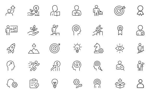 Upskill editable line icon set for personal growth, career development, e-learning and training, vector illustration, skill enhancement workflow pack for education platforms.
